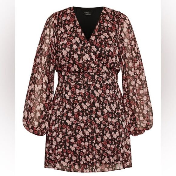 City Chic Size 22 Floral Dress, Long Sleeve, Flowy, Pink and Black - Picture 2 of 8